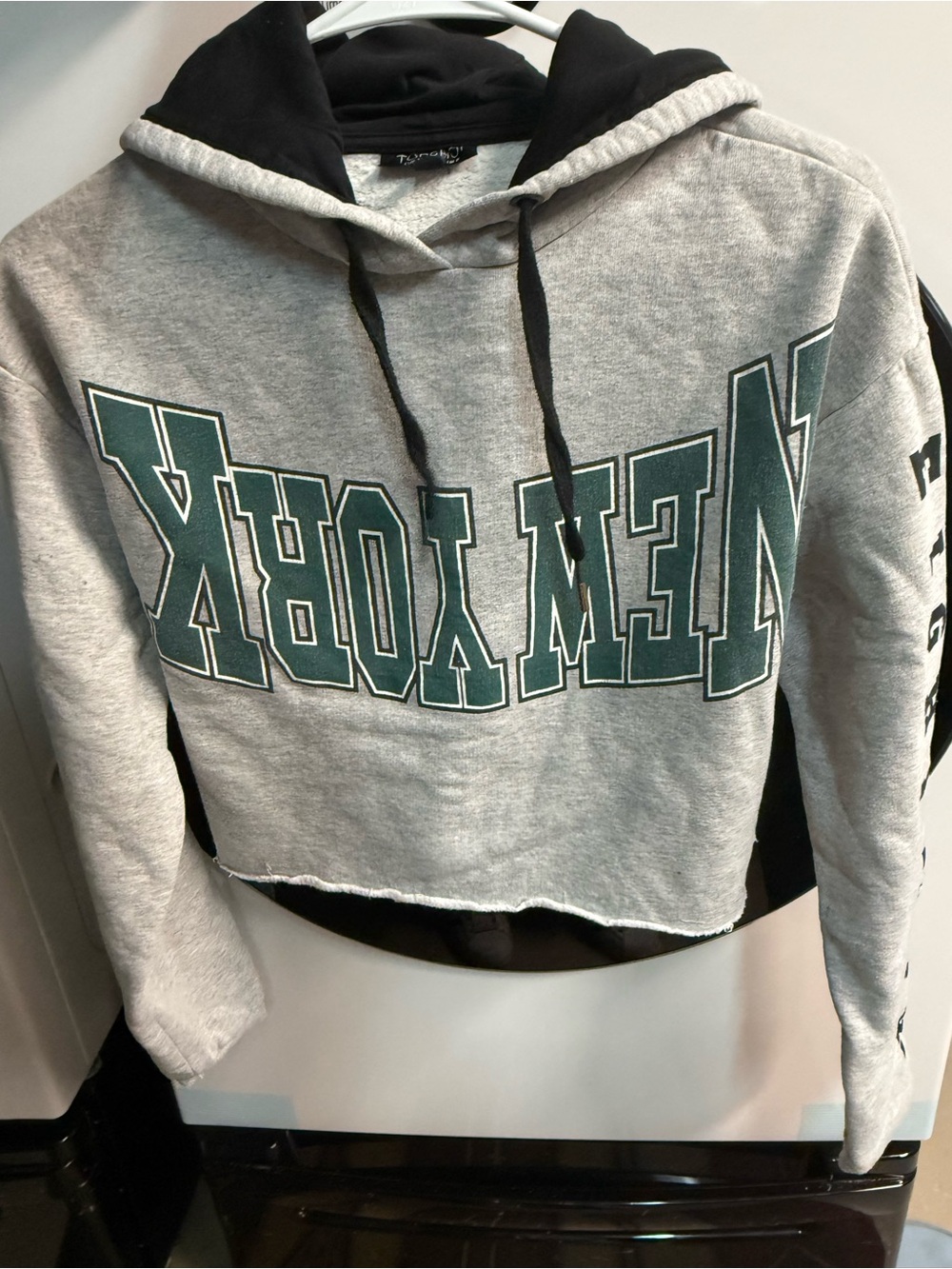 Topshop Gray and Black 'New York' Cropped Hoodie